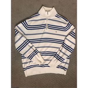 Tommy Hilfiger 100% Cotton White Blue Stripe Pullover Zip Sweater XXL